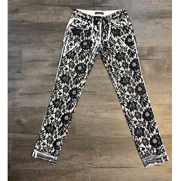 Y2K Dolce & Gabbana Lace Print Skinny Jeans Blk Wht Low Rise XS IT28 Designer - Picture 1 of 10